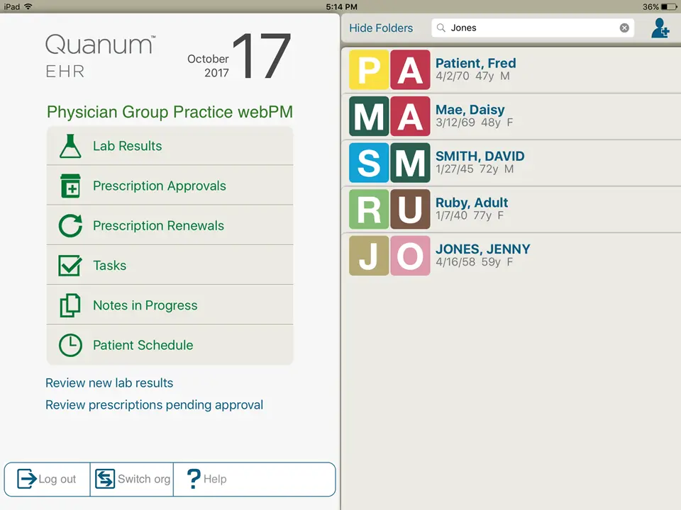 Quanum practice management software patient list and task menu dashboard screenshot.