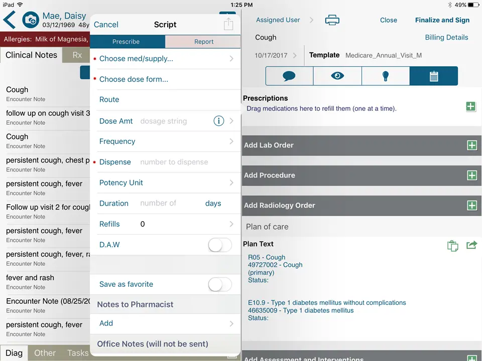 Quanum Practice Management software patient record and prescription details screenshot.
