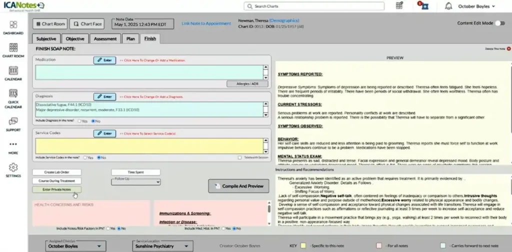 Screenshot of a medical note entry interface (ICANotes) with tabs: Subjective, Objective, Assessment, Plan, Finish, and panels for Diagnosis and Service Codes on a gray dashboard.