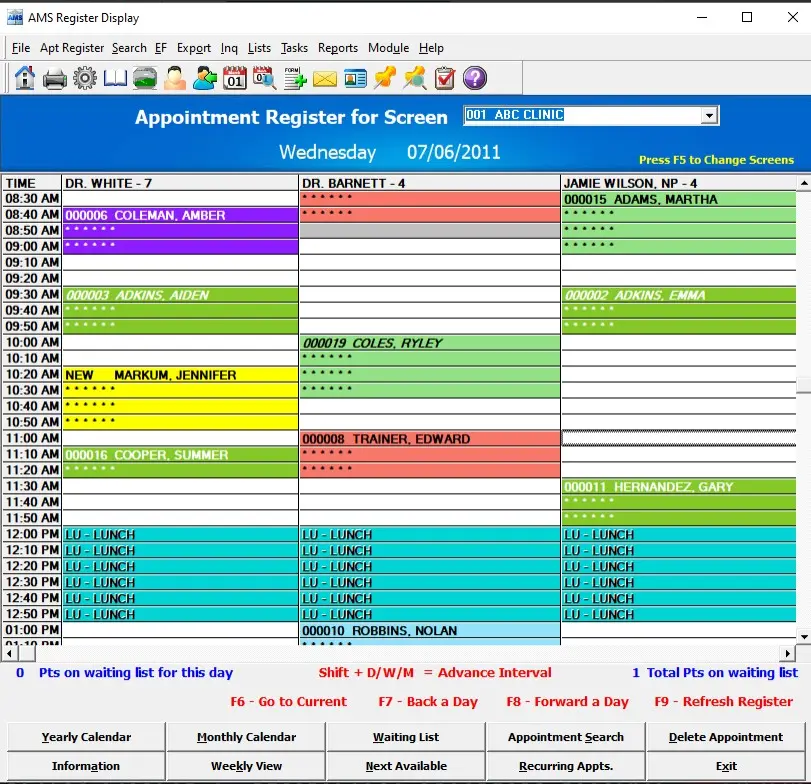 American Medical EMR software appointment register and providers timeslot dashboard.