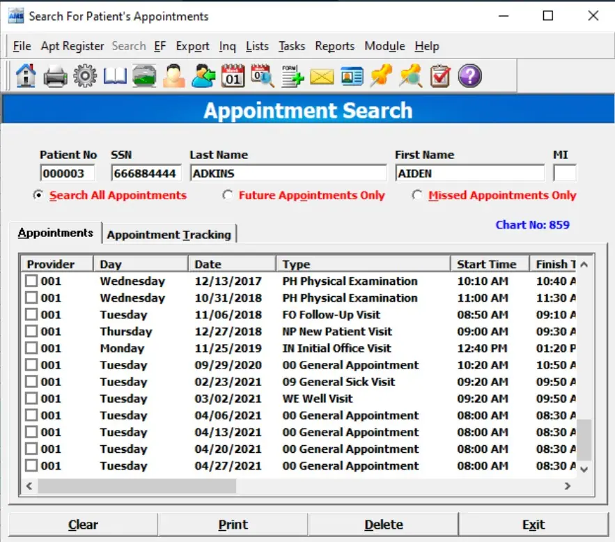 American Medical EMR software patient appointment history search dashboard screenshot.
