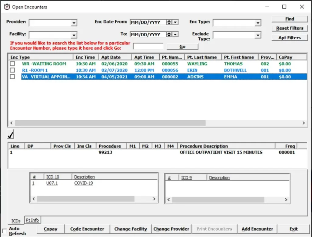 American Medical EMR software patient encounters with filters, procedures, and diagnosis codes.