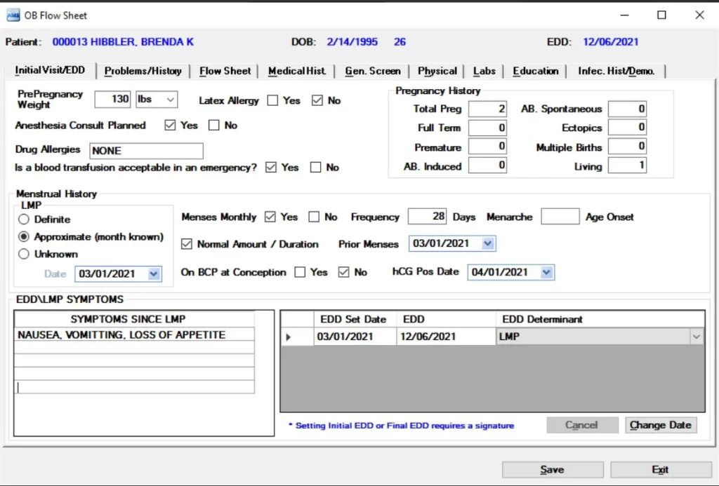 American Medical EHR software pregnancy and menstrual history OB flow sheet dashboard screenshot