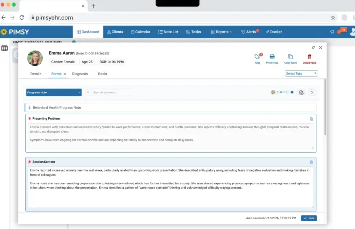 Screenshot of Emma Aaron's patient form in PIMSY showing 'Forms' tab with notes sections (Presenting Problem, Session Content) and user toolbar at top.