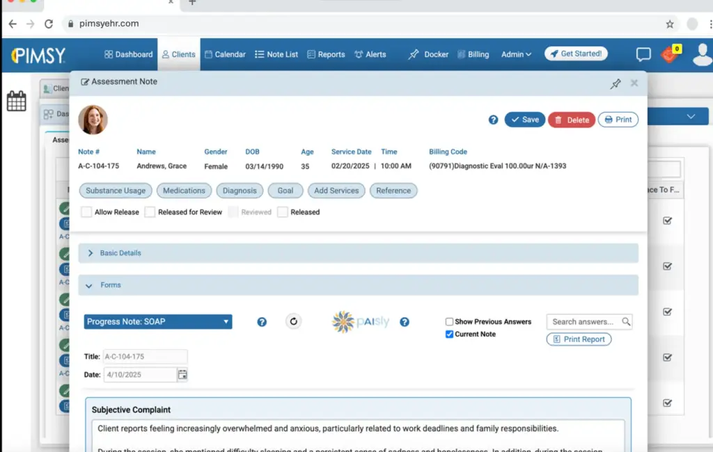 Screen showing a PIMSY Assessment Note modal over the dashboard with patient Grace Andrews’ details and action buttons (Save, Delete, Print).