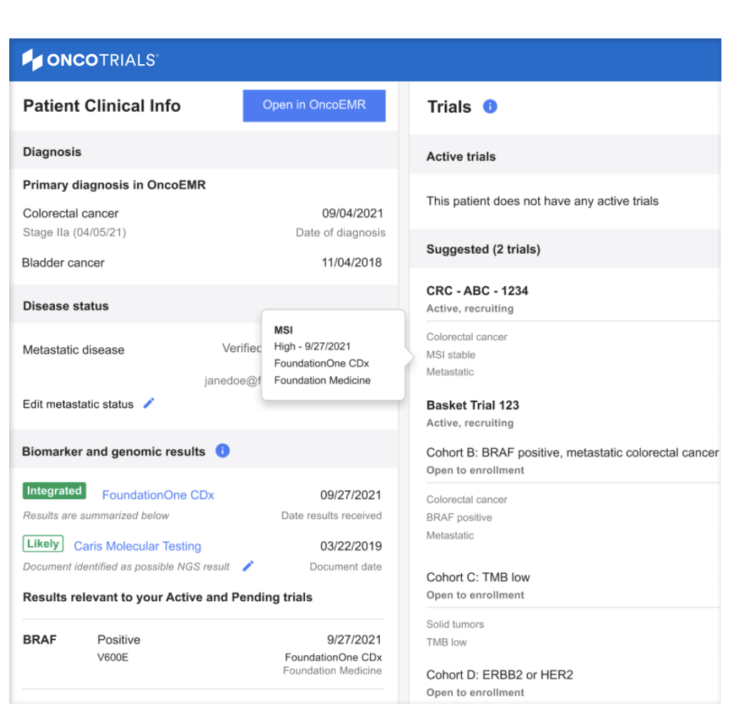 Onco EMR Software Patient demographics dashboard screenshot.