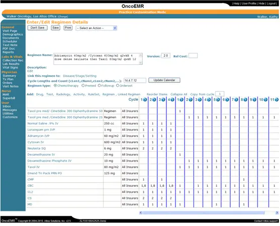 OncoEMR software treatment regimen entry and editing dashboard screenshot.