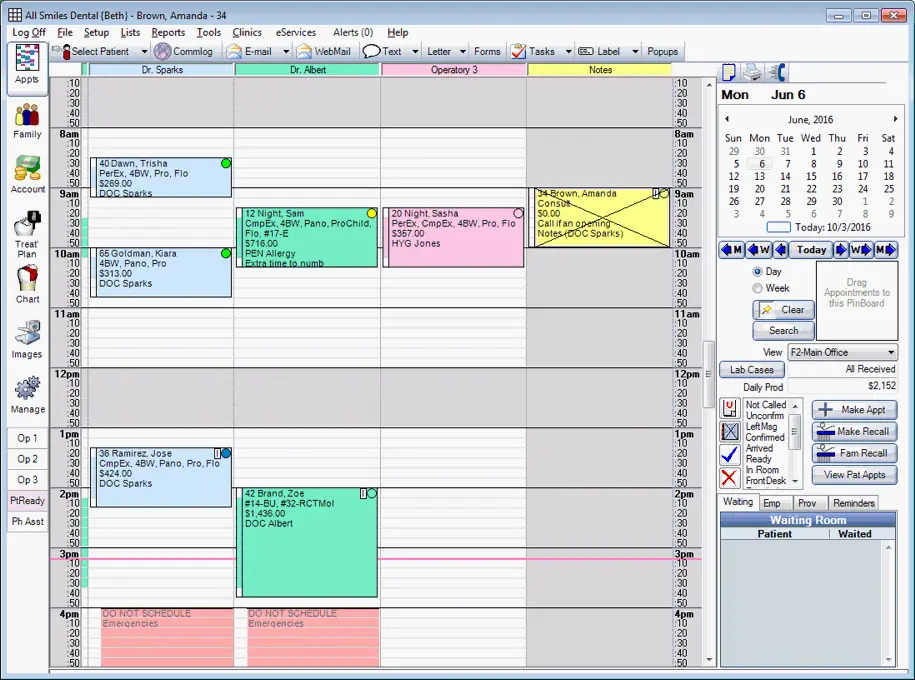 Open Dental EMR software appointment calendar and provider timeline dashboard screenshot.