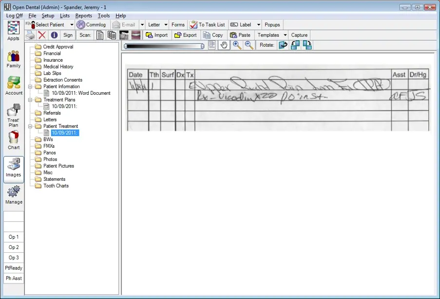 Open Dental PM software showing treatment notes dashboard screenshot.