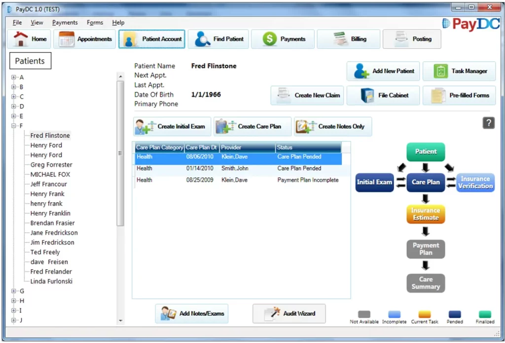 PayDC Chiropractic EMR software patient account and care plan dashboard screenshot