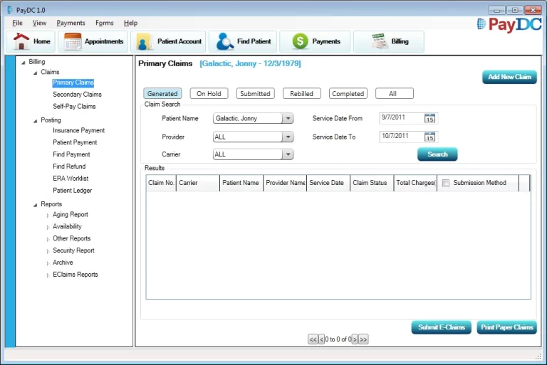 PayDC Chiropractic EMR software billing software showing primary claim dashboard with patient and provider filters.