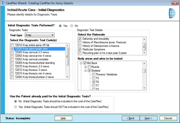 PayDC Chiropractic Software showing care plan X-ray code selection and body areas for testing.
