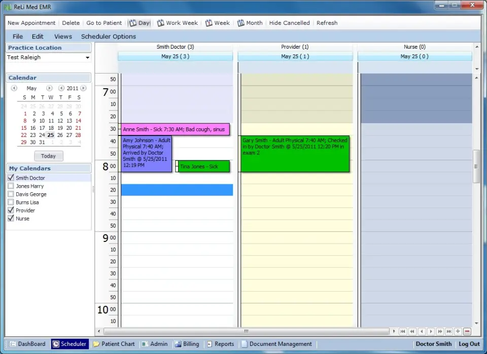 ReLi Med EMR Software patient appointments and provider timelines dashboard screenshot.