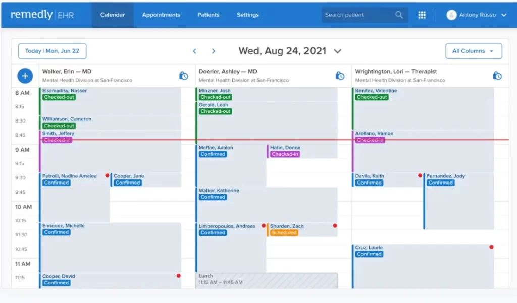 Remedly EMR Software - Appointment Scheduling software dashboard screenshot.