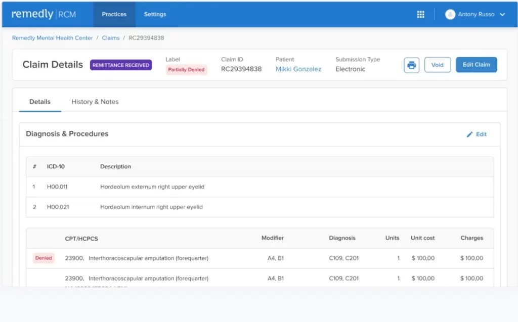 Remedly EMR Software -Revenue cycle management software dashboard screenshot.