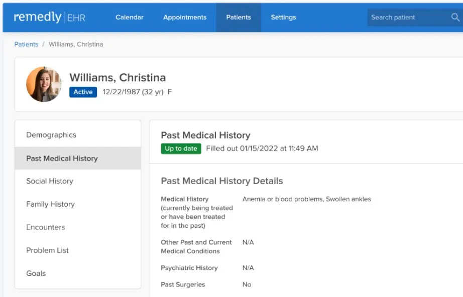 Remedly EMR Software - patient demographics dashboard screenshot.