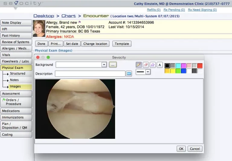 Sevocity EHR software patient exam image and patient encounter details screenshot.