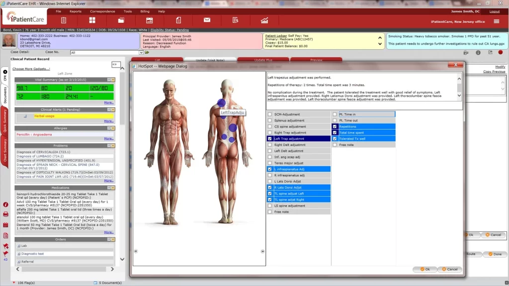 iPatientCare EHR software showing body chart and treatment records screenshot.