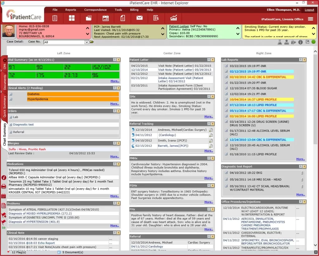 iPatientCare EHR software patient record dashboard screenshot.