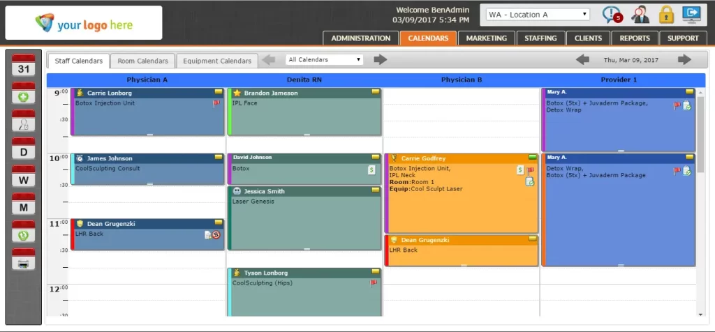 AestheticsPro Online EHR software scheduling aesthetic procedures dashboard screenshot.