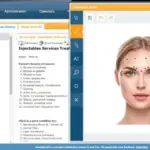 Screenshot of a medical software interface showing a woman's face with dotted facial landmark points, panels listing client records, and navigation bars around the image.