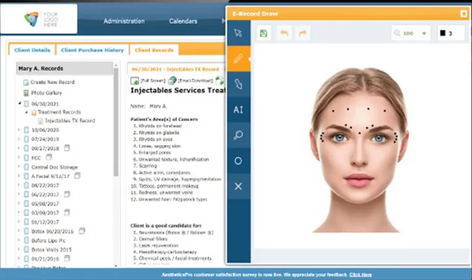 Screenshot of a medical software interface showing a woman's face with dotted facial landmark points, panels listing client records, and navigation bars around the image.