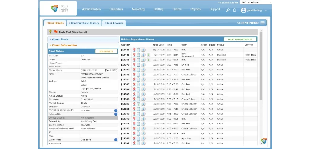 AestheticsPro online EHR software dashboard screenshot showing detailed client profile and appointment history lists.