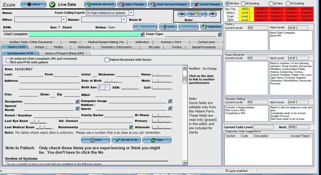 Liquid EHR software patient information form dashboard screenshot.