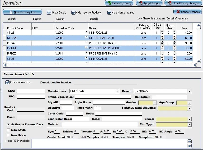 Liquid EHR software inventory list and frame specification details dashboard screenshot.