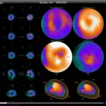 UltraLinq EHR software interface showing nuclear cardiac scan with a 3D view of the heart.