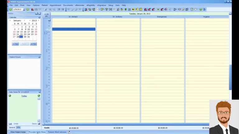MOGO Dental Practice Management Software EMR demo displaying the appointment book interface with provider schedules and daily notes