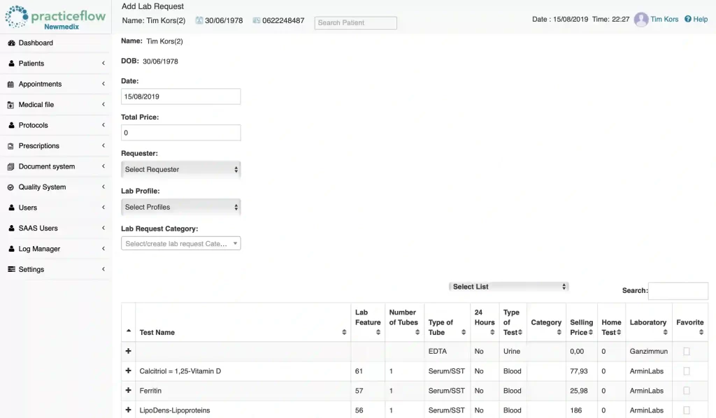 Practice Flow EHR Software demo Lab Request