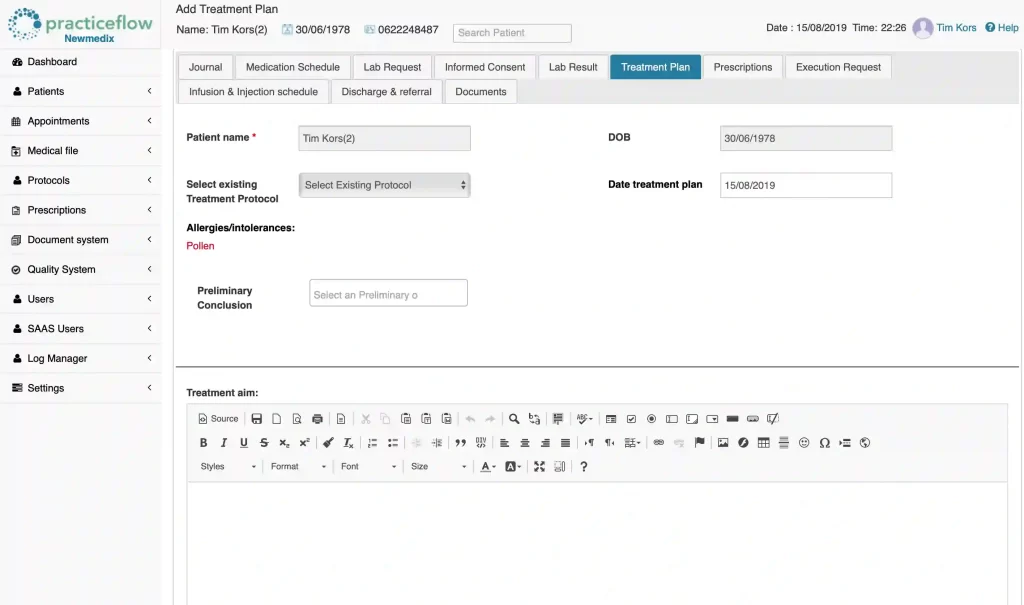 Practice Flow EHR software demo treatment plan