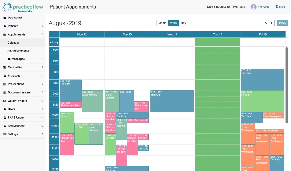 Practice Flow EMR software appointment scheduling dashboard screenshot.