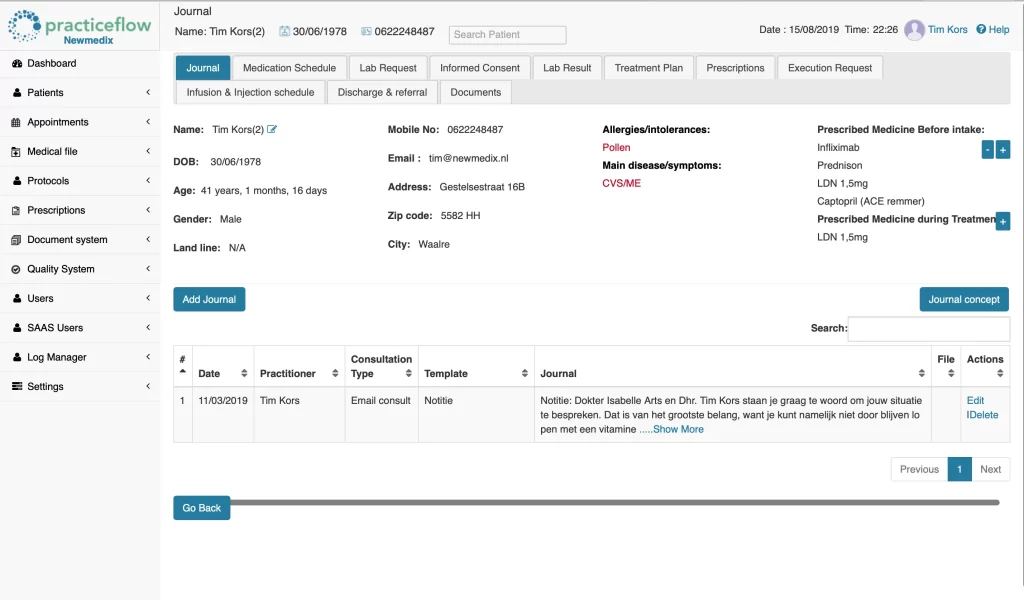 Practice Flow EHR software patient journal and medication details dashboard screenshot