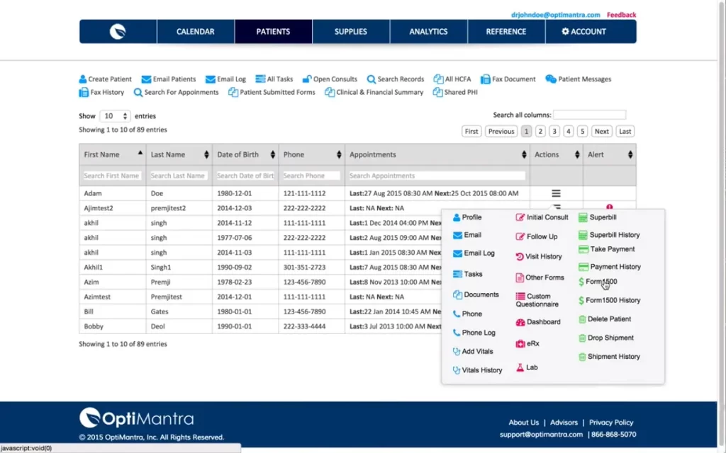 OptiMantra EMR software patient list with appointment history dashboard screenshot.