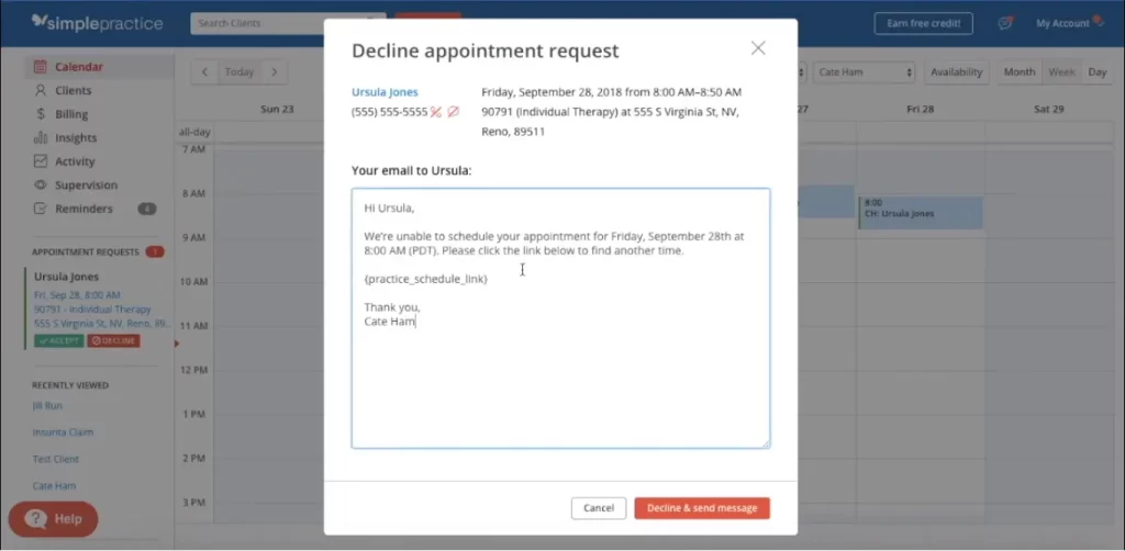 SimplePractice PM software showing appointment request decline pop-up with calendar view in the background.