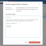 SimplePractice PM software showing appointment request decline pop-up with calendar view in the background.
