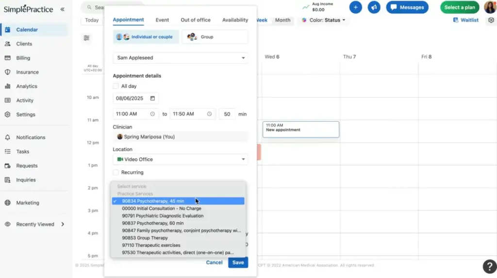Scheduling dialog over a calendar to book a 45‑min psychotherapy appointment with Spring Mariposa on 08/06/2025, 11:00–11:50 AM, at Video Office.