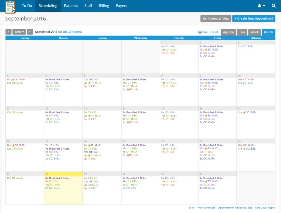 TherapyNotes EMR software scheduling clinicians monthly calendar dashboard screenshot.