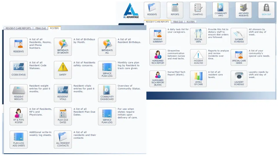 AL Advantage EMR software showing resident management and care reports dashboard.