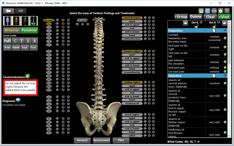 EZBIS EHR software Spinal assessment dashboard screenshot.