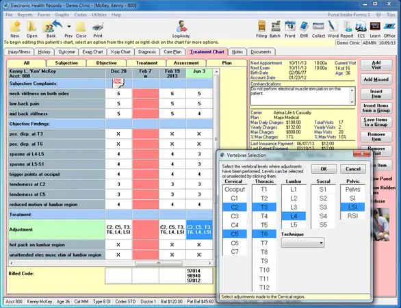 EZBIS EHR software treatment tracking, and medical charting dashboard screenshot.