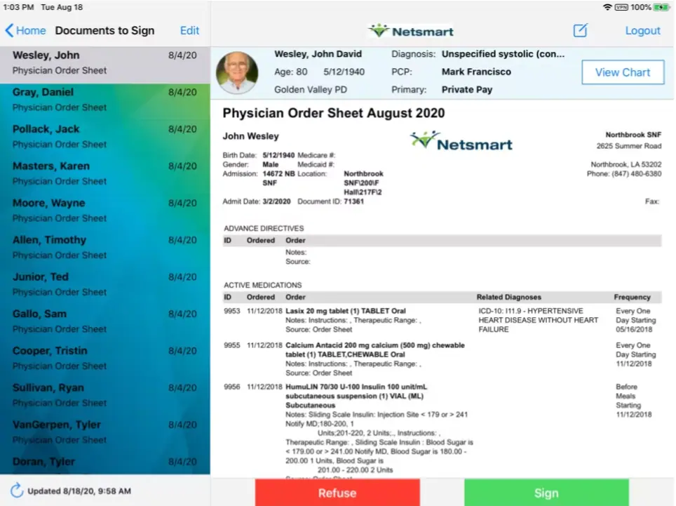 Netsmart myUnity EMR software patient chart and physician order sheet dashboard screenshot.