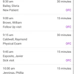 ChartMaker Medical Suite software showing daily patient appointment schedule details.