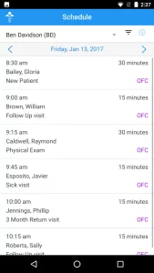 ChartMaker Medical Suite software showing daily patient appointment schedule details.
