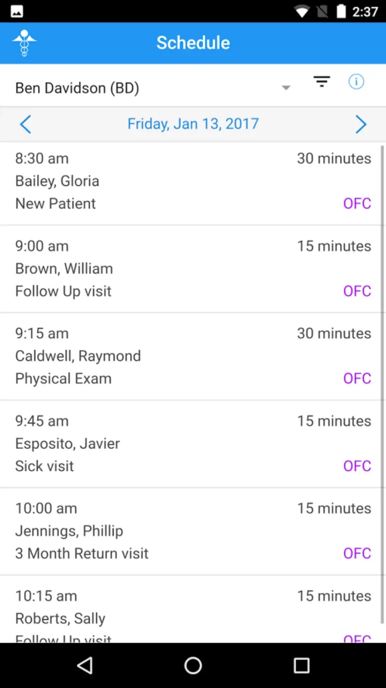 ChartMaker Medical Suite software showing daily patient appointment schedule details.