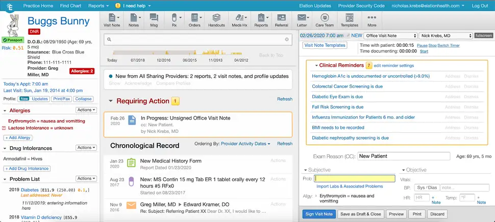 ElationHealth EMR Software interface showing patient demographics, visit history, medications, and clinical reminders.
