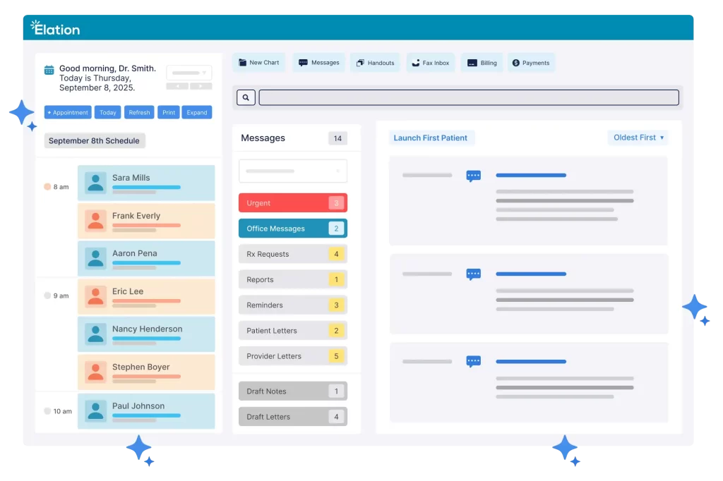 Dashboard view of ElationHealth EMR and PM Software showing patient schedule.