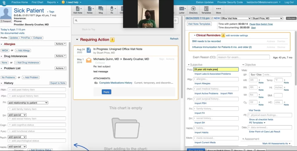 ElationHealth EMR software dashboard telehealth dashboard patient visit note, clinical alerts, and chart fields.